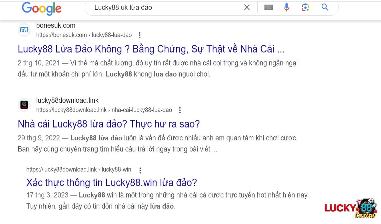 Nội dung tìm kiếm “Lucky88  có lừa đảo không trên Google”